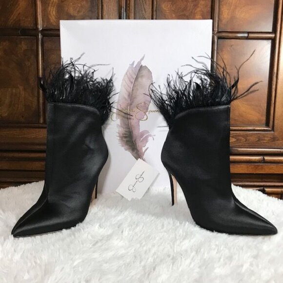 Jessica Simpson Prixey Feather Black Matte Satin Heeled Bootie - Picture 2 of 11